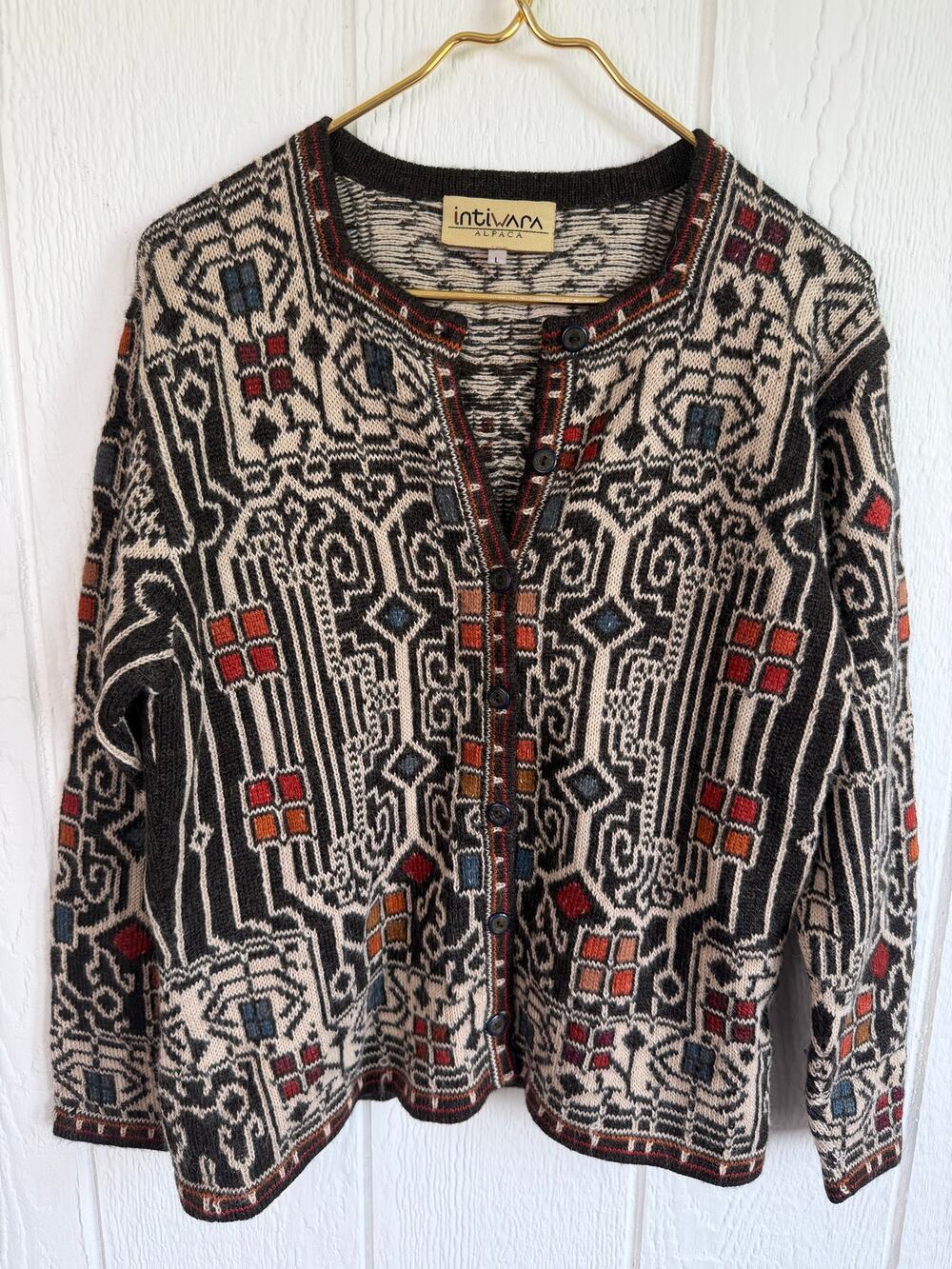 Vintage Intiwara Alpaca Wool Handmade Cardigan Sweater Print Large